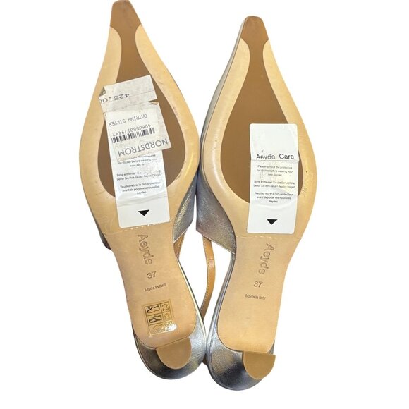 Metallic Silver Leather Pointed Toe Slingback Kitten Heel Shoes - Picture 8 of 9